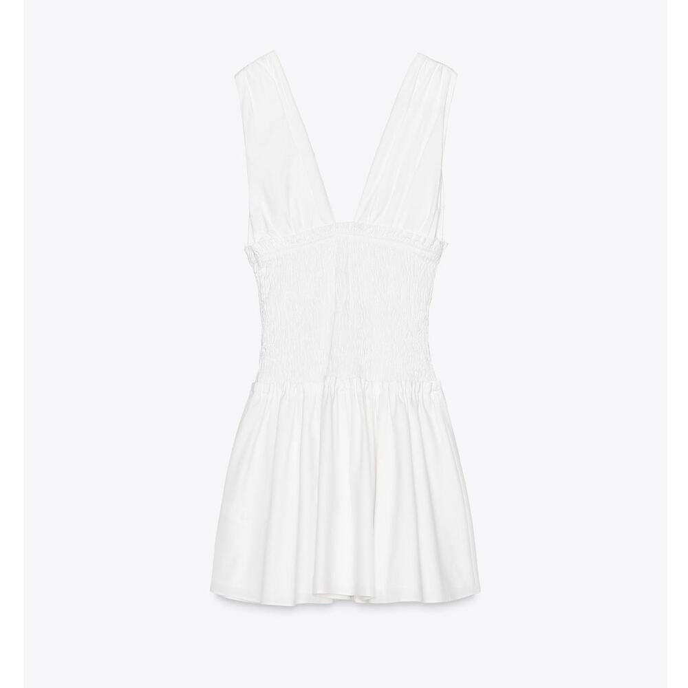 Zara NWT White Smocked Tie Shoulder Cotton Mini Dress L - Picture 16 of 16
